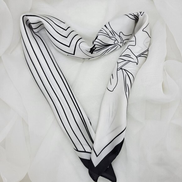 ✨Luxury Silky Soft Scarf Black White Floral Lily Geometric Print Square Bandana - Picture 2 of 6